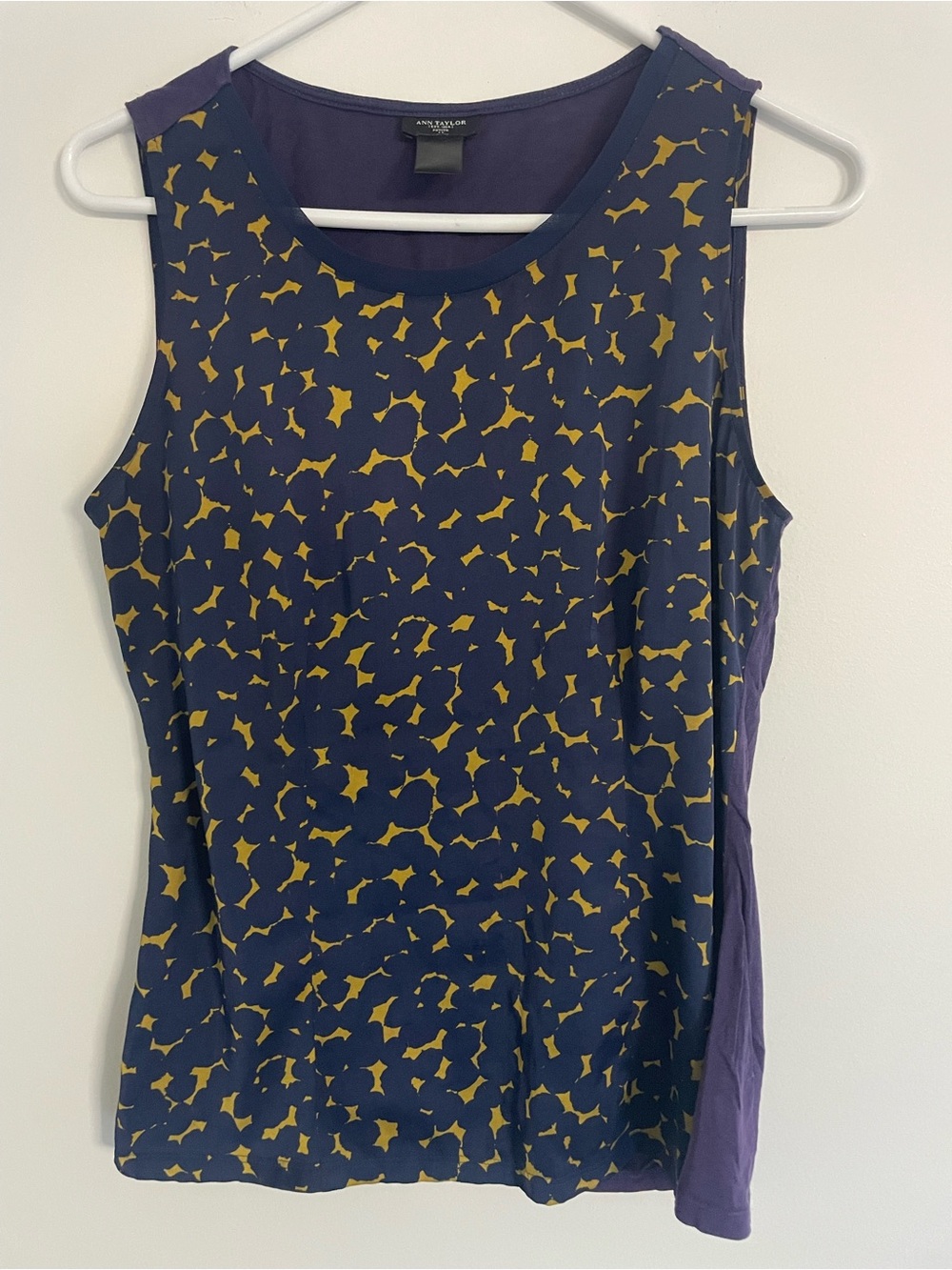 Ann Taylor Navy Sleeveless Printed Shell with Mustard Accent